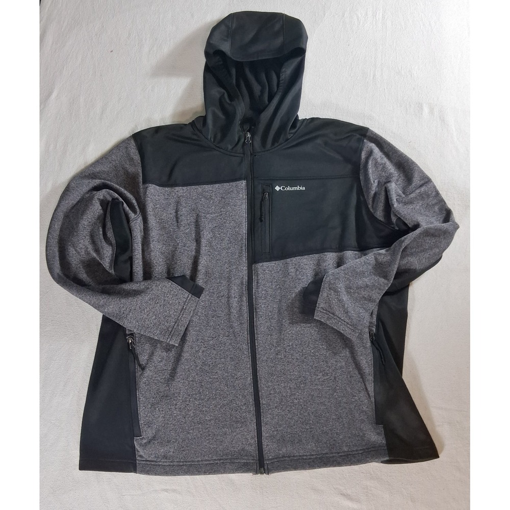 Columbia Mens Size XL Hooded Softshell Sweater Fleece Jacket Gray Black Full Zip